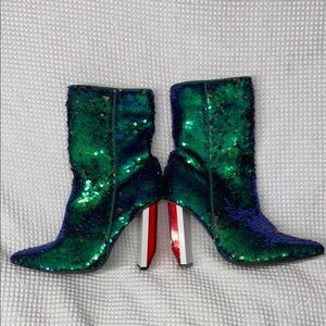 Cape Robbin Green & Blue Sequin Ankle Boots w/Red Reflector heel - 7.5